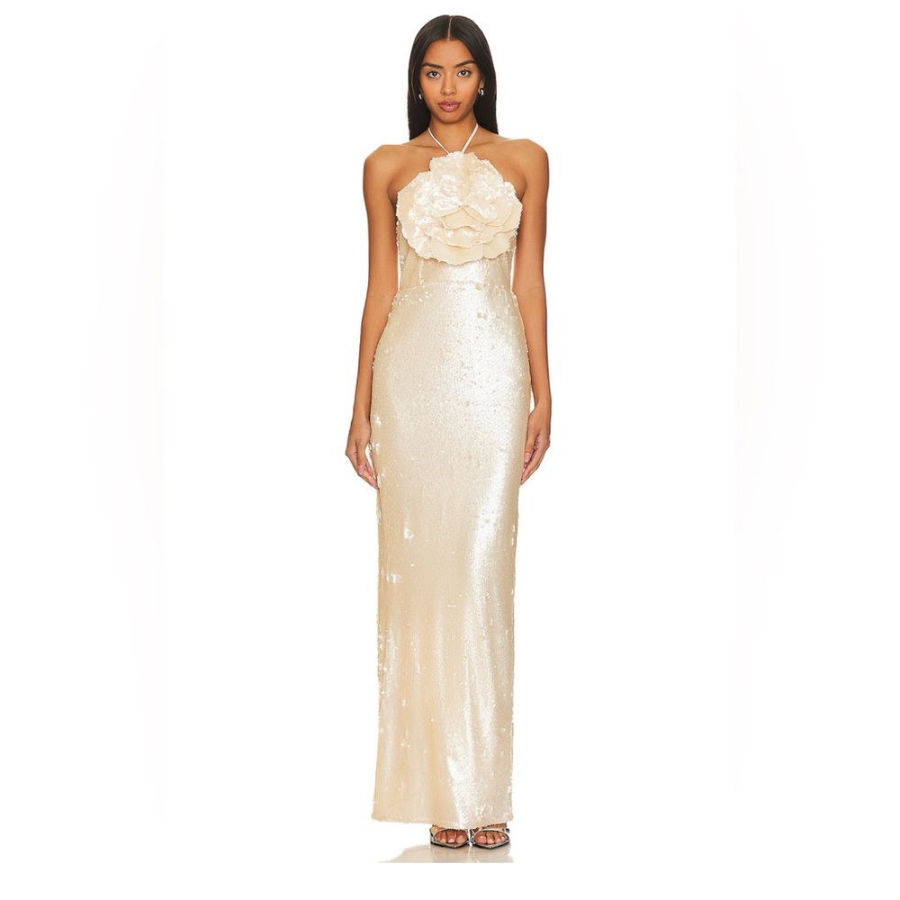 Lovers + Friends Cream Ruched Halter Gown